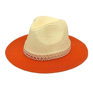 Women's summer straw fedora hat with pearls and bright orange brim for beach sun protection
