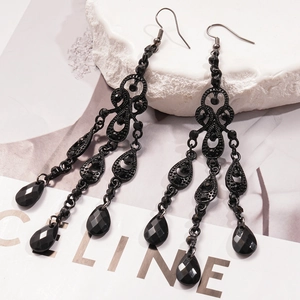 Dark vintage gothic drop earrings with black rhinestone tassels and hollow metal design