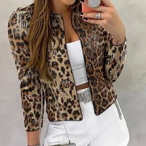 Women's leopard print sequin blazer jacket with long sleeves and slim fit style