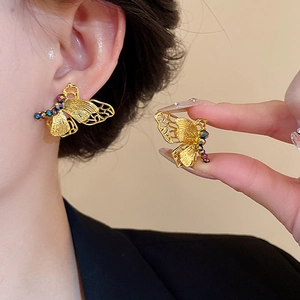 Retro Hollow Butterfly Stud Earrings Alloy Rhinestone With Silver Earring Post Colorful Beads Elegant For Women