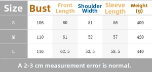Detailed size chart for woven leather jacket featuring chest, length, and shoulder specs