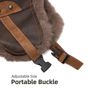 Deep brown PU leather aviator hat with plush lining and adjustable quick-release buckle