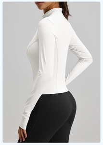 Detailed side view of white high-elastic yoga jacket with breathable stand collar