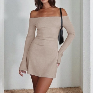 Off Shoulder Long Sleeve Mini Dress Ribbed Knit Bodycon Slim Fit Solid Color Elegant Autumn Fashion For Women