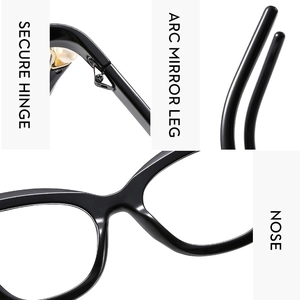 Detail of secure hinge and arc mirror leg on black anti-blue light glasses frame