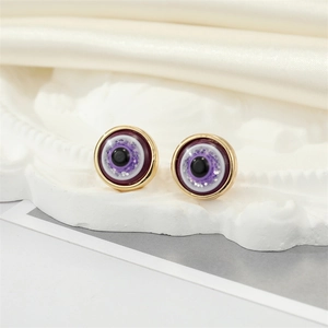 Exquisite purple devil's eye stud earrings with glitter and gold metal borders