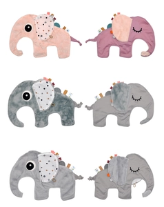 Detail view of plush elephant comforter dolls with colorful sensory tags in various colors