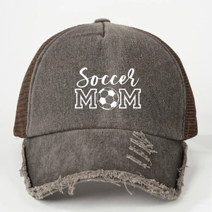Detailed view of distressed baseball cap with Soccer MOM print and mesh back panel