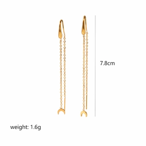 Detail view of gold tassel earrings with moon pendant showing 7.8cm length and 1.6g weight