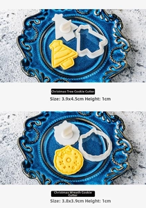 Detailed view of Christmas tree and wreath cookie molds with product dimensions
