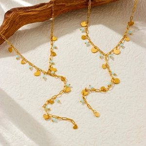 Elegant gold-tone Y-shaped long fringe necklaces with heart and round disc pendants