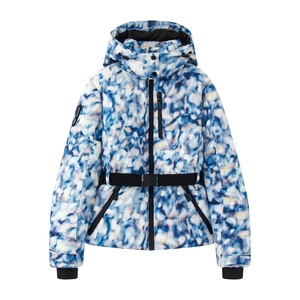Detail of floral hooded ski jacket with waterproof fabric, waist belt and windproof zippers