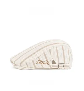 Detail view of beige striped ivy cap with side embroidery and adjustable metal buckle