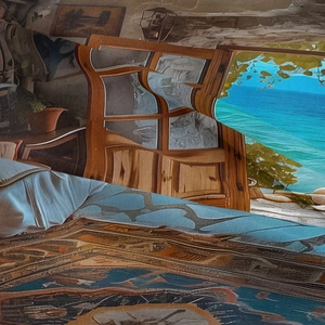Detail view of Bohemian wall tapestry with surreal ocean and vintage wood interior print