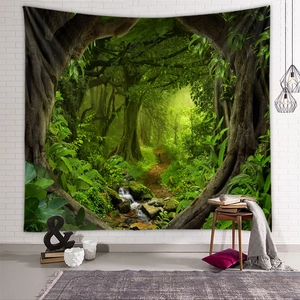 Detail of forest wall tapestry showing realistic lush trees and stream in a cozy room
