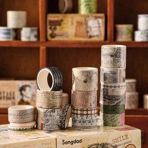 20-roll vintage washi tape set featuring old newspapers and maps on a rustic box