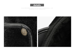 Detail of warm black faux fur hat with premium leather trim and star metal buckle