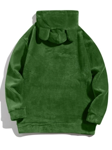 Detail view of the soft green coral fleece texture and cute animal ears on the hood