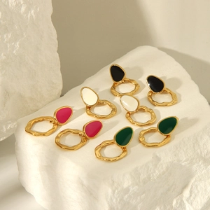 Bohemian 18K gold plated titanium steel earrings with teardrop enamel in four colors