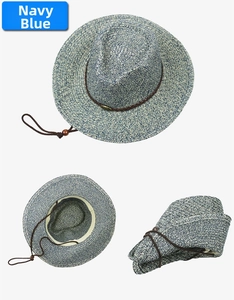 Détail d'un chapeau de paille pliable bleu marine avec doublure et sangle réglable