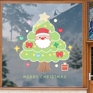 Cartoon Christmas tree static window sticker with Santa Claus and festive decorations