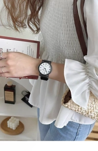 Lifestyle shot of a minimalist quartz watch with a black case and white dial on wrist