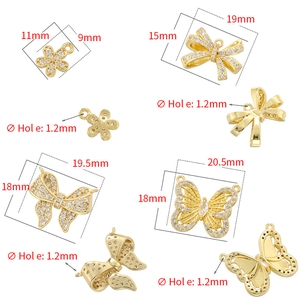 Gold plated bow and flower charms with cubic zirconia inlay and detailed dimensions