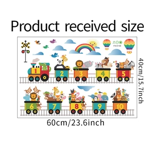 Flat lay of cartoon animal train wall stickers with numbers and 60x40cm size dimensions