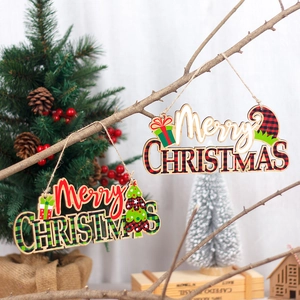 Wooden Merry Christmas Hanging Plaque Plaid Letter Sign Christmas Tree Ornaments Festive Home Wall Decor