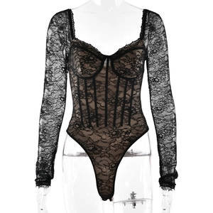 Elegant black lace bodysuit with sheer long sleeves and deep U-neckline for women