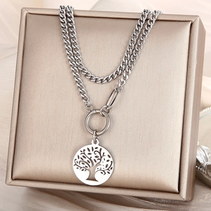 Detail of silver double-layer Cuban chain with Tree of Life pendant on jewelry box
