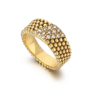 Vintage 18k gold plated stainless steel men's ring with five-row rhinestones and bead texture