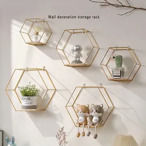 Wall Mounted Floating Shelves Hexagon Iron Wood Storage Racks Nordic Minimalist Geometric Decor Living Room Bedroom Organizer