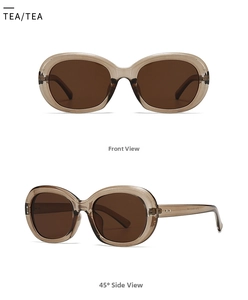 Detailed views of vintage oval tea brown sunglasses with side rivet accents and lenses
