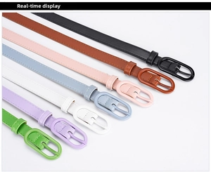 Detailed display of seven macaron-colored slim belts with matching oval buckles