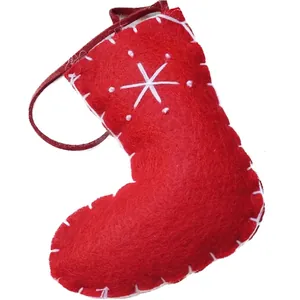 Classic red wool felt Christmas stocking ornament with white embroidered snowflake pattern