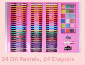 Detail view of pink 208pcs kids art set featuring crayons and oil pastels in tray
