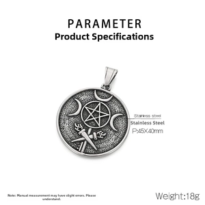 Detail view of pentagram and moon stainless steel pendant with dimensions 45x40mm