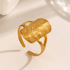 Vintage gold celestial rectangular ring with engraved moon and stars for women