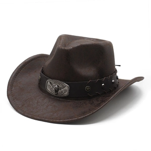 Western Cowboyhut Distressed Kunstleder Wildleder Breite Krempe Mit Bullenkopf Schnalle Stern Nieten Retro Outdoor Stil