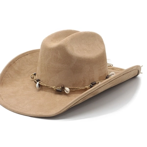 Classic camel faux suede western cowboy hat with decorative shell and wooden bead band