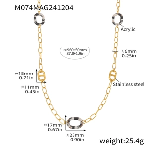 Detail view of leopard print acrylic long necklace with precise size measurements