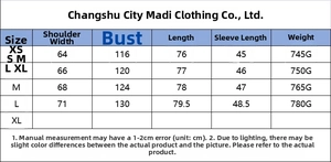 Tableau des tailles détaillé pour veste chemise en laine avec mesures d'épaules