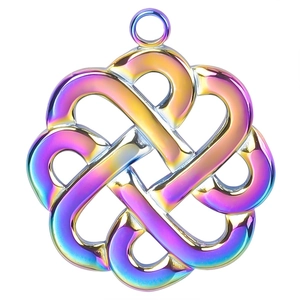 Detailed macro view of rainbow celtic knot pendant with iridescent metallic finish
