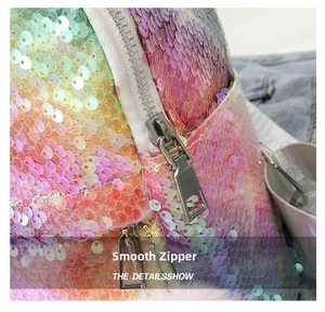 Detail of silver metal zipper and colorful rainbow sequins on a unicorn backpack