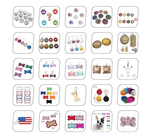 Variety of stainless steel pet ID tags in shapes like bone, heart, and crown for engraving