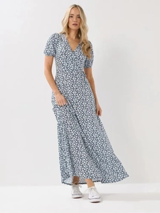 French retro floral V-neck maxi dress with puff sleeves and navy blue summer pattern