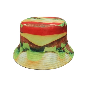 Adult reversible bucket hat featuring vivid hamburger all-over print for outdoor sun protection