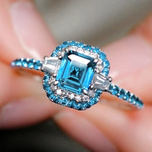 Anello In Zircone Blu Taglio Smeraldo Rame Dual Halo Geometrico Gioielli Eleganti Di Lusso Per Donna