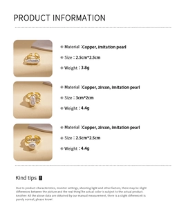 Detail view of copper zircon rings with imitation pearls and specific weight parameters